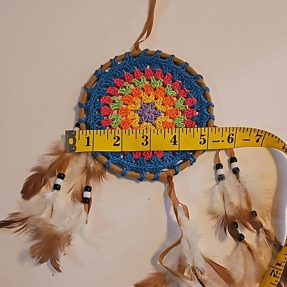 Hand Crafted crochet dreamcatcher multicolored floral eclectic textile decor